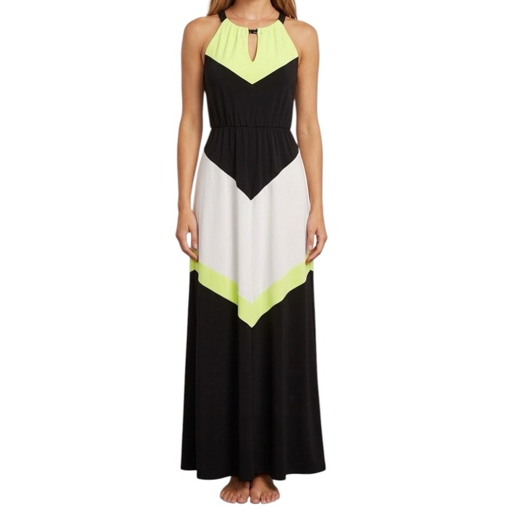 VINCE CAMUTO Halter Maxi Dress sz XS Chevron Black Yellow White Summer Casual